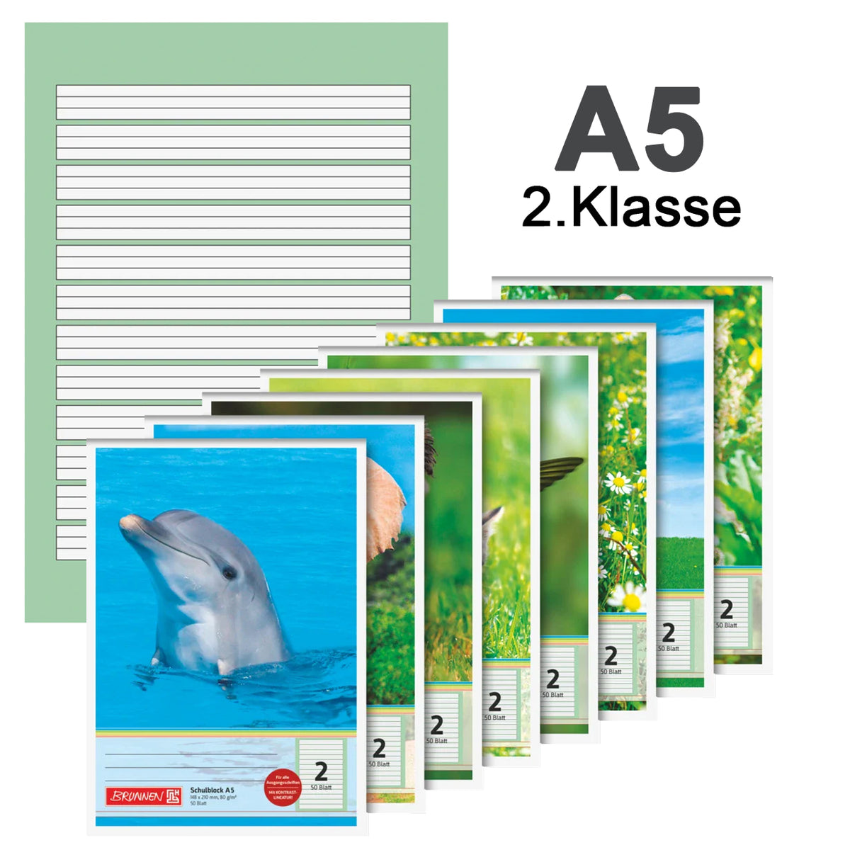 BRUNNEN Schulblock A5 · Kontrast-Lineatur 2 · farbig hinterlegt · 2. Klasse