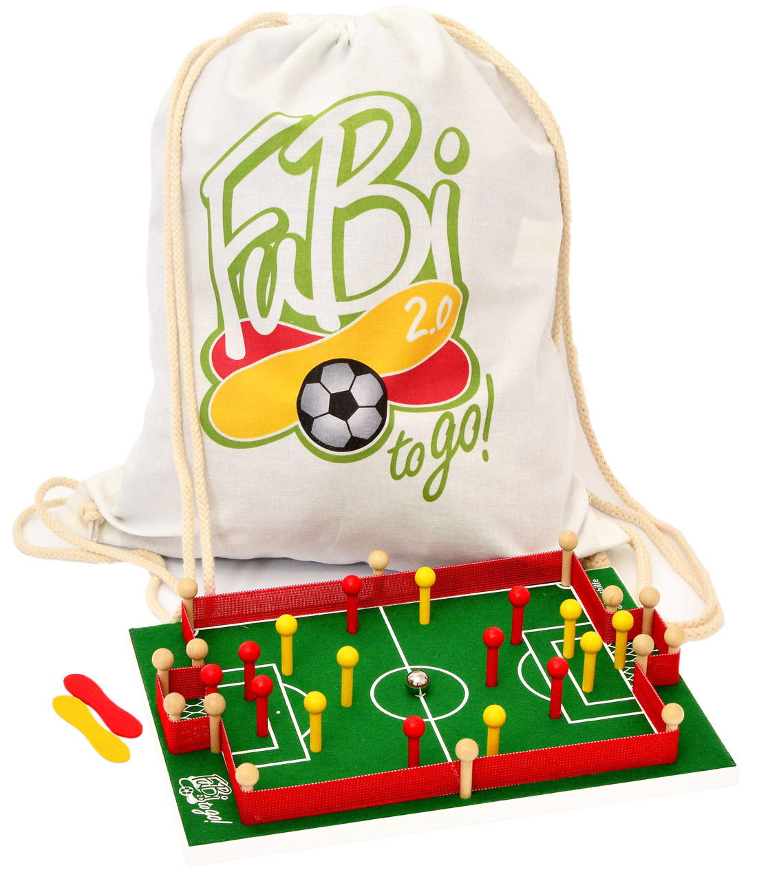 Das ist eine Foto vom FuBi to go Fußball-Billard Tischspiel mit Beutel