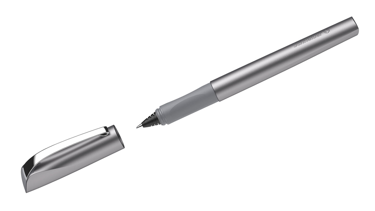 Schneider-Tintenroller-Ceod-Shiny-grau-silber-mit-metallspitz-nicht-radierbar-186221-roller-offen-lafueliki
